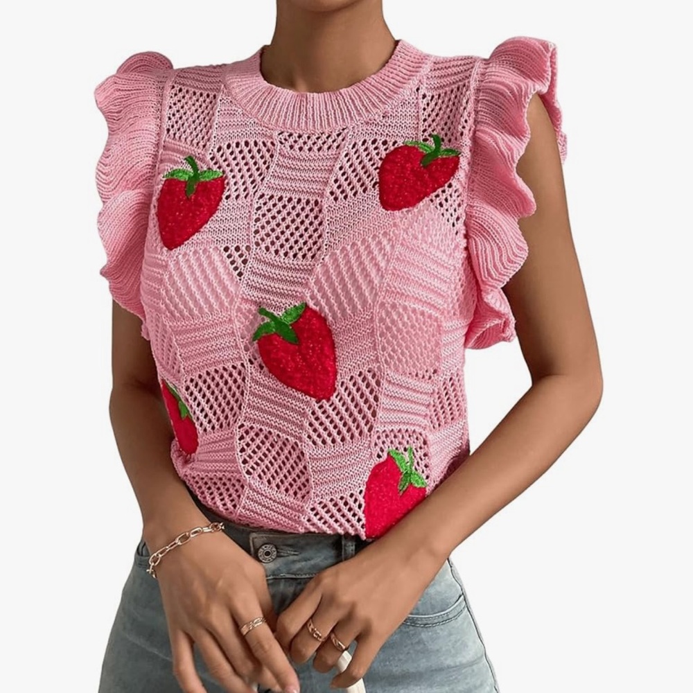 Floerns Strawberry Pointelle Knit with Ruffle Sleeves Sweater Vest Size‎ Small
